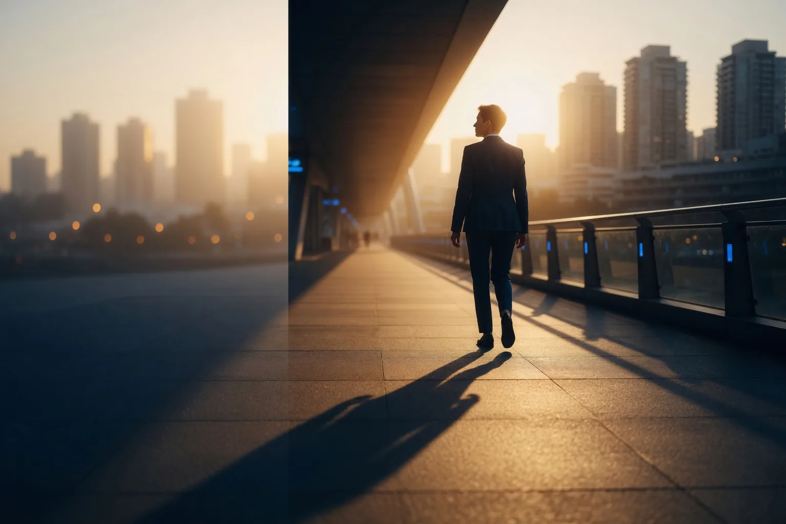 Un homme marche vers la lumière sur une passerelle urbaine à l'aube